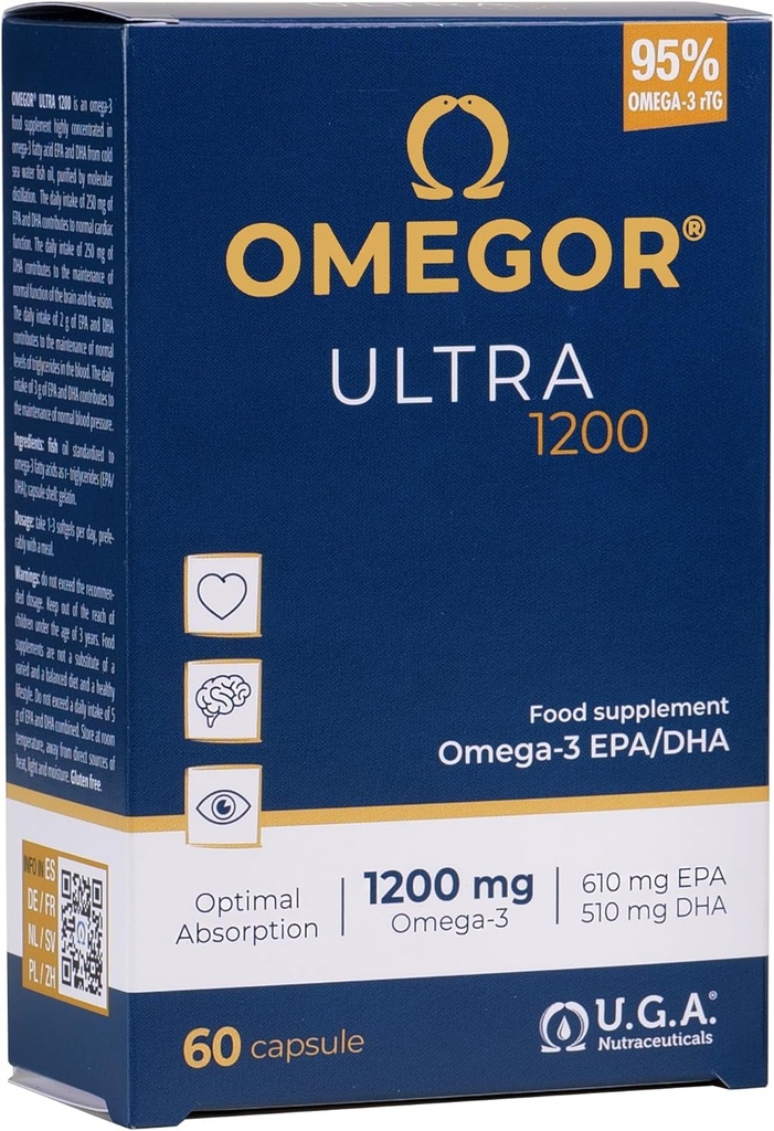 OMEGOR Omega 3 Fischöl 1200mg Ultra - 610mg EPA und 510 DHA Omega3 IFOS zertifiziert - Hohe Bioverfügbarkeit und kein Nachgeschmack (60 Caps)