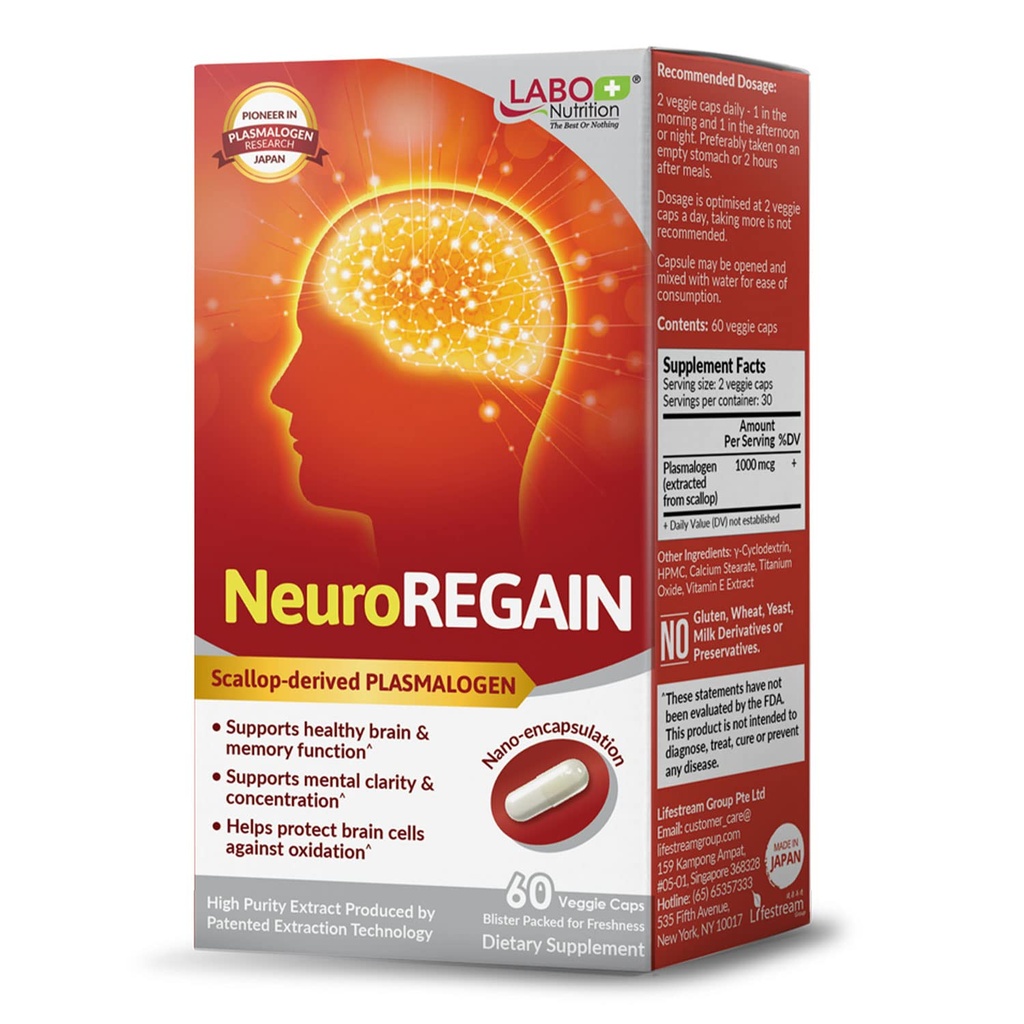 LABO Nutrition NeuroREGAIN - Scallop-derived PLASMALOGEN für Hirnverschlechterung, Gedächtnis, Alertness, Lernen, Konzentration und andere kognitive Funktionen – Geeignet für Senioren, Erwachsene Männer & Frauen