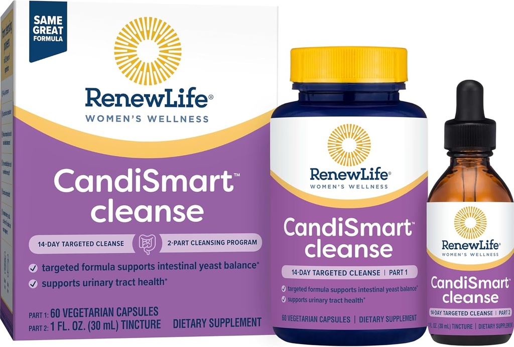 Renouveler la vie Nettoyez les adultes - CandiSmart - Programme de nettoyage des levures de 15 jours - Kit 2 parties - Sans gluten et sans lait - 60 capsules végétariennes + 1 fl. Oz. Teinture