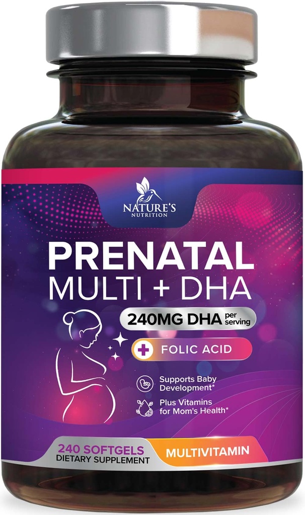 Pränatale Vitamine mit Folsäure & DHA, Fetale Gehirnentwicklung Unterstützung mit Folat & Omega 3's, Pränatales Multivitamin für Frauen, Vitamin A, C, D, B6, B12 & Eisen, Schwangerschaftsergänzung - 240 Softgels