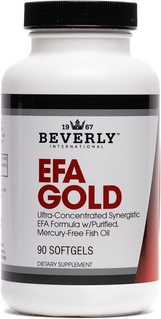 Beverly International EFA Gold, 90 Softgel Kapseln. Hohe Potenz Omega-3s EPA und DHA + Omega 6&9 Fettsäuren. Kombination Fisch, Leinsamen und Borage Öl.