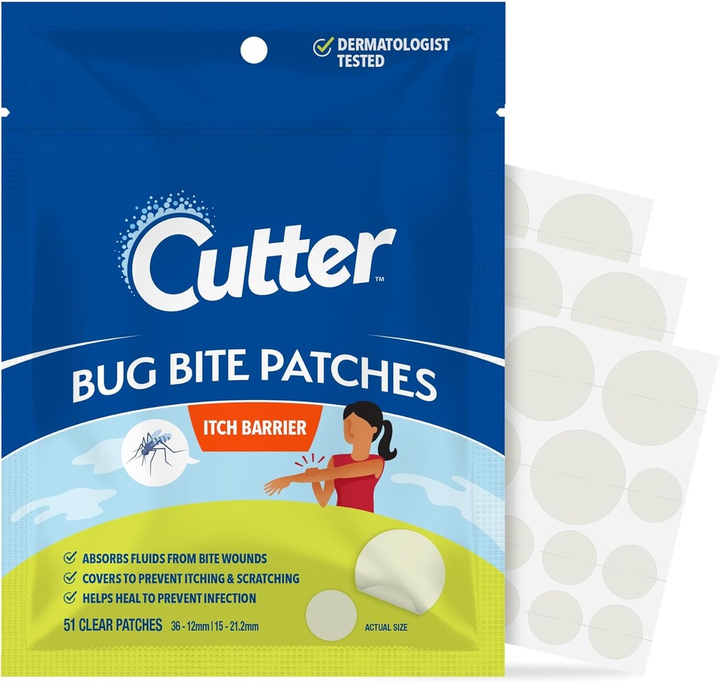 Cutter Bug Bite Patchs Démangeaisons Hydrocolloïdes pour les enfants et les adultes, Absorbes Fluides, Aide à guérir, Empêche les éraflures, Démangeaisons Mosquito, Hydrocortisone & Outil d'aspiration Alternative, 51 Compte