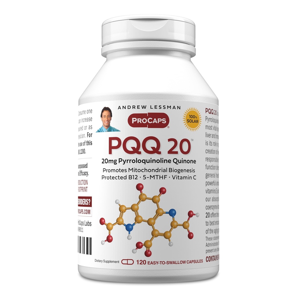 ANDREW LESSMAN PQQ 20mg - 120 Kapseln - 20mg Pyrrolochinolin Quinone, Naturschutzmittel unterstützt Vitalorgane, Herz, Gehirn, Leber, Immunsystem. Mitochondriale Biogenesis, keine Zusatzstoffe