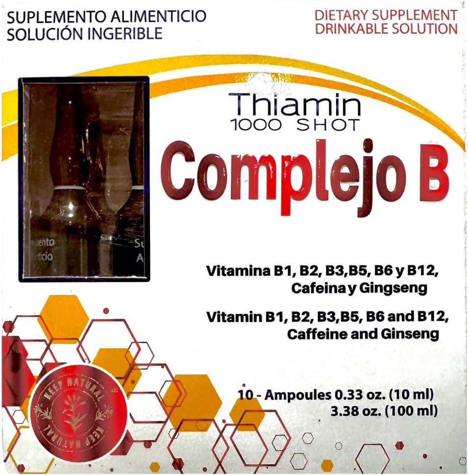 B Complex, Complejo B 1000 Shot | Multi-Vitamine, Koffein, und Ginseng | Box mit 10 Ampullen von 10ml | Energie, kognitive Funktion und Metabolic Health Boost.