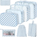 8 Set Verpackung Cubes für Koffer, Verpackung Cubes mit Schuhtasche, Kosmetiktasche, Kleidungstasche, Accessoires Taschen Verpackung Cubes für Reisegepäck Organizer Frauen Männer (Blau Checkered)