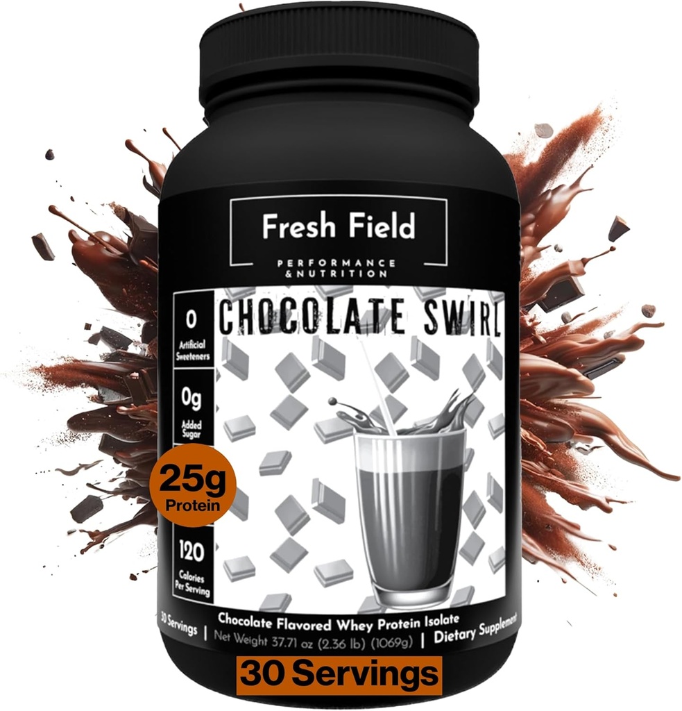Fresh Field Chocolate Protein Powder - 25g Whey Protein Isolate, Gluten-Free & Soy-Free, Sugar-Free, 30 Portionen - Natürliche Whey Protein Pulver für Workout Fitness & Nutrition Shakes - 2,36 lb