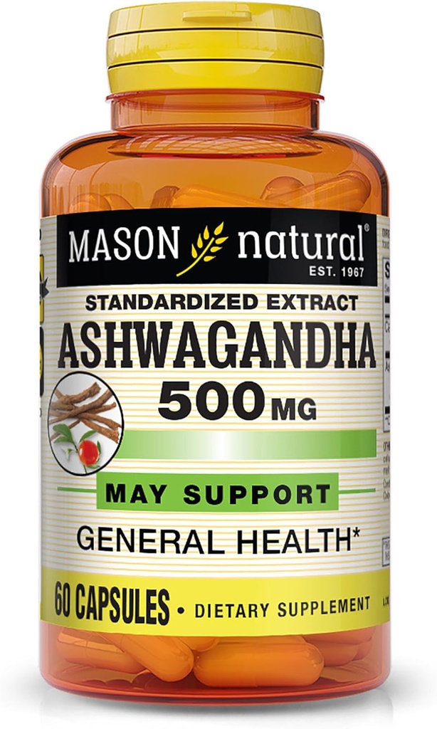 Mason Natural Ashwagandha 500 mg, Adaptogen für Stress & Energie Unterstützung, Kräuterergänzung, 60 Tage Versorgung