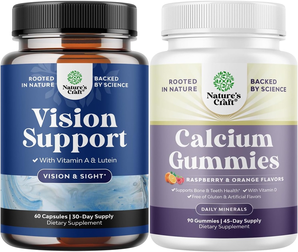 Ensemble complet de suppléments pour la santé oculaire pour les adultes - Lutein 20mg par portion pour la vision et la protection de la lumière bleue avec bêta-carotène et haute absorption Gommies de calcium avec vitamine D3 pour la santé des os