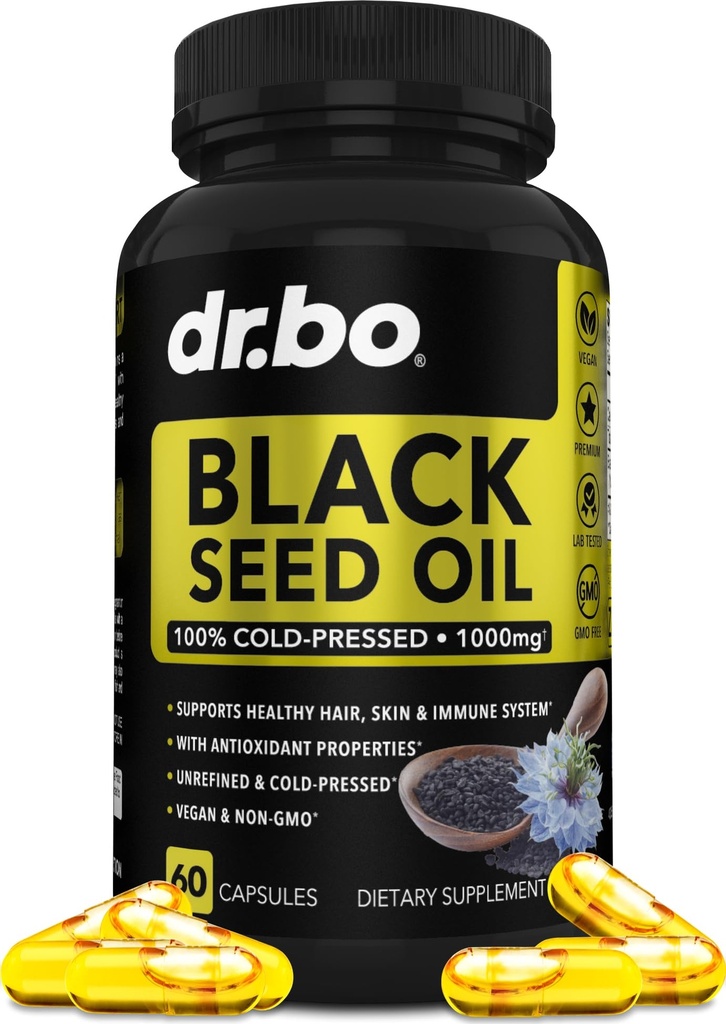 Schwarzes Saatgut Öl Kapseln Vegan - Rein kalt gepresstes Schwarzes Saatgut Öl Nigella Sativa Cumin für Haut und Haar Gesundheit, 500mg, 1000mg pro 2 Kapsel Servieren Schwarzes flüssige Kapseln Halal - 60 Softgel Pillen