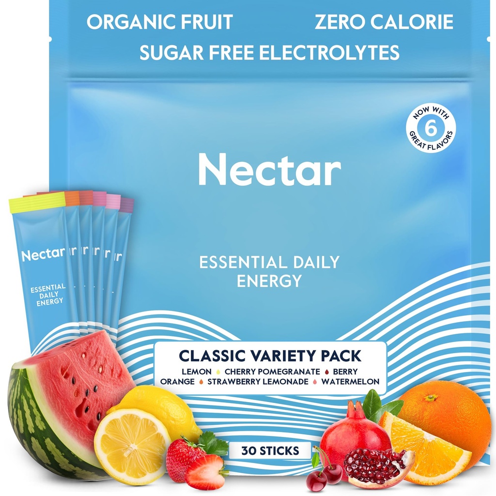 Nectar Energy Booster - Organic Caffeine, B12 & Elektrolyte - Zuckerfrei & Zero Calorie – Gesunde Kaffee-, Energy Drink & Soda Alternative – Hydration & Energy Supplement (Variety 30 Powder Packets)