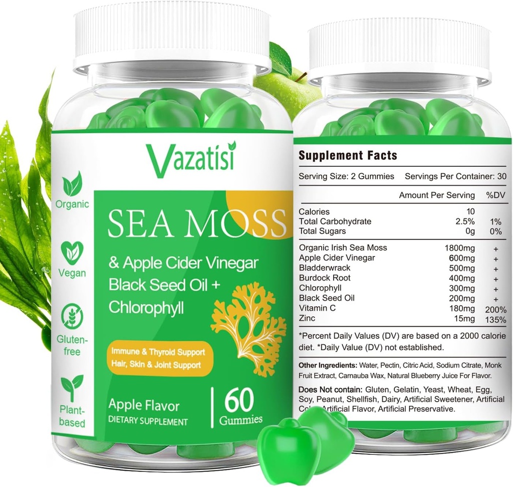 2 Pack Organic Irish Sea Moss Gummis mit schwarzem Seed Öl, Chlorophyll - Schilddrüse, Mood, Energie &amp; Immununterstützung - Frauen & Männer, Erwachsene & Kinder - 120 Vegan Gummies