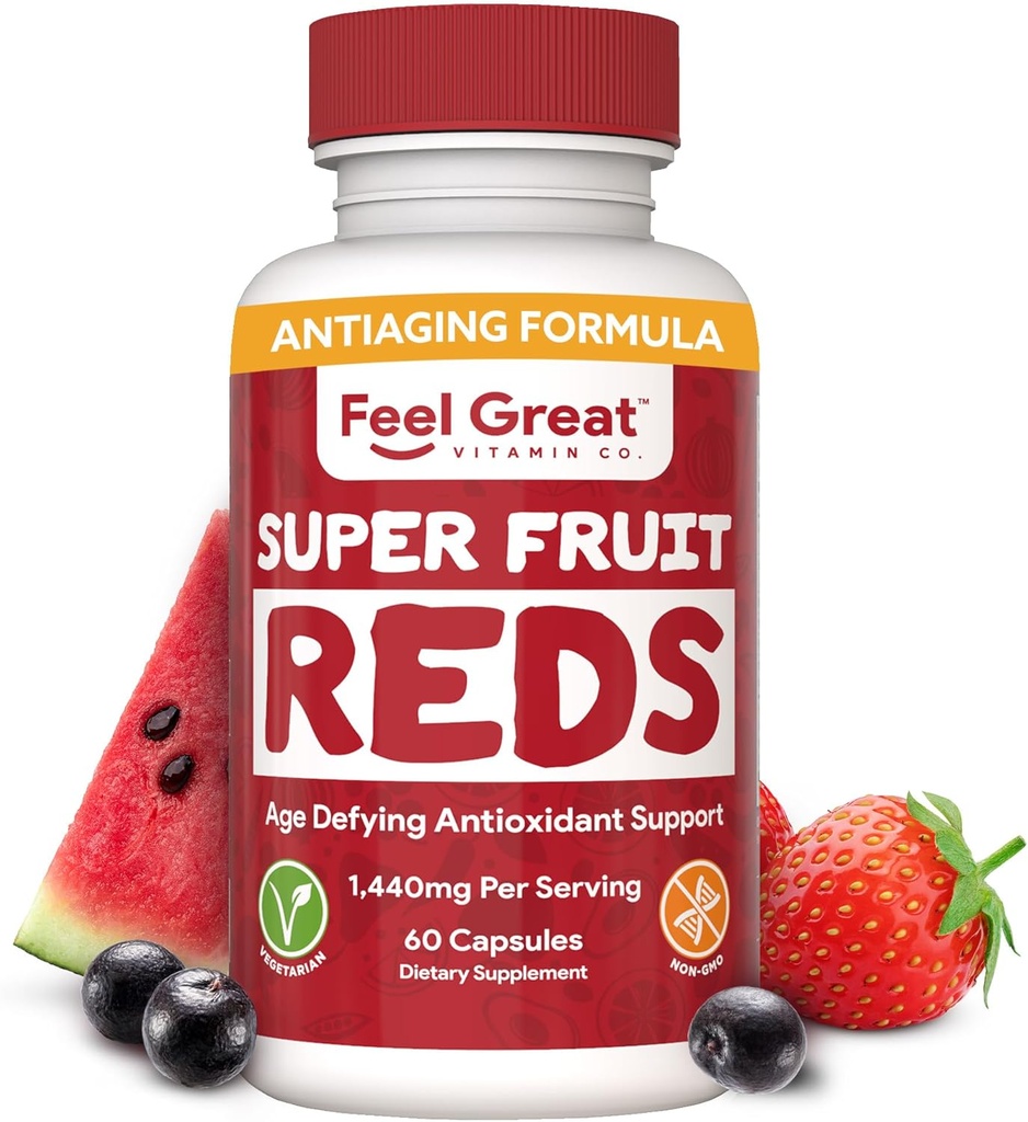 Feel Great Vitamins Superfruit Reds – Antioxidante Superfood mit Polyphenolen für Anti-Aging & Immun-Unterstützung – Acai, Mangosteen, Granatapfel, Blueberry und vieles mehr – 60 Kapseln
