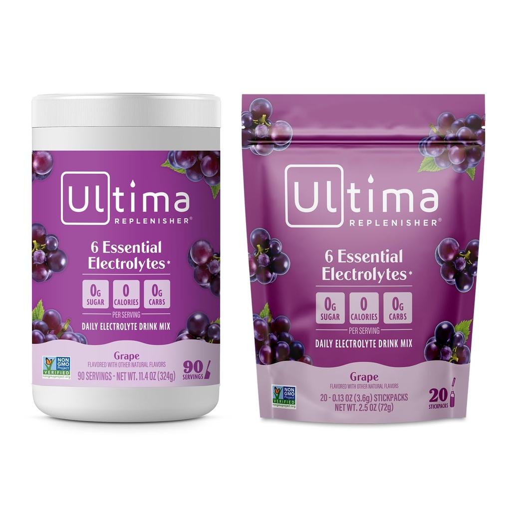 Ultima Replenisher Electrolyte Powder Drink Mix Bundle – Sugar Free – Grape, 90 Servierkanister und 20 Stickpacks – 6 Elektrolyte und Mineralien – Keto Friendly, Vegan, Non-GMO