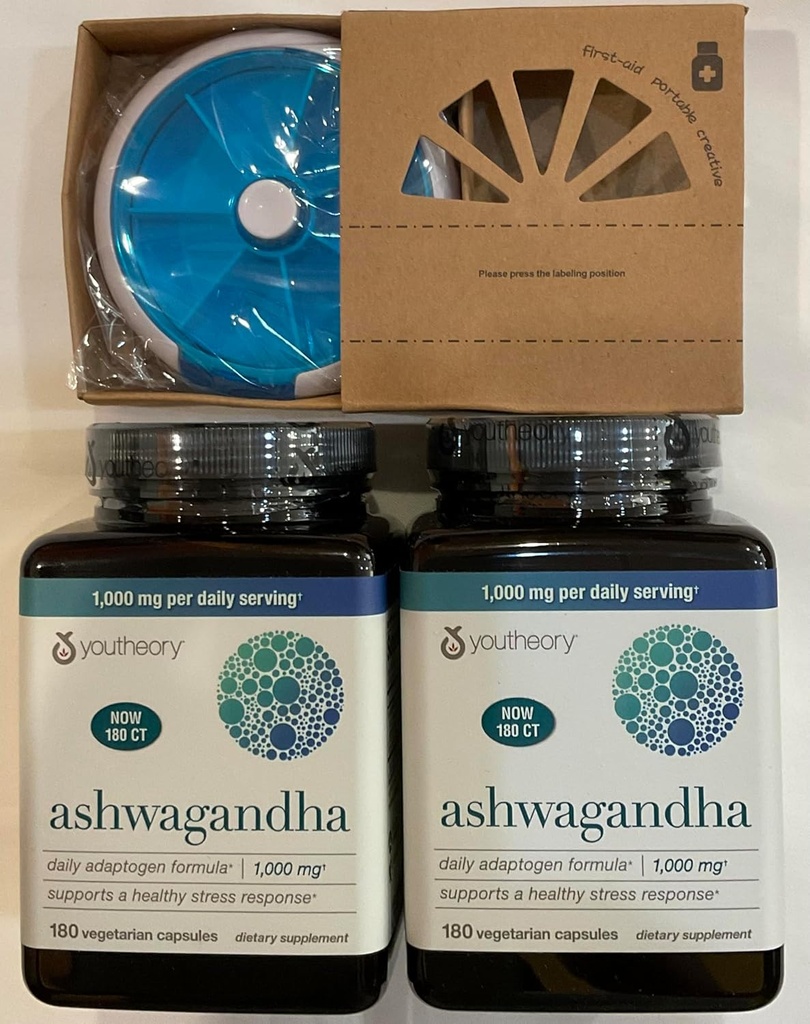 Youtheory Ashwagandha 1000mg mit KSM-66 - Hilft die Unterstützung einer gesunden Stressreaktion,180 Kapseln (Pack von 2) und Pill Orgnizer Bundles