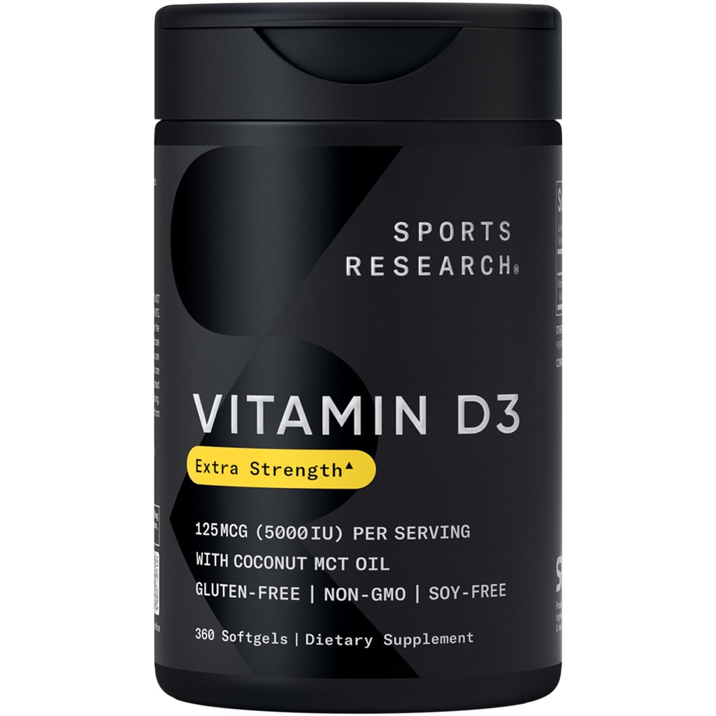 Sport Research® Vitamin D3 w/Coconut MCT Öl - Hohe Potenz Vitamin D3 5000iu (125mcg) Ergänzung für Immun- und Knochenunterstützung - Saatgutölfrei - Nicht-GMO - Glutenfrei (360 flüssige Weichgel)