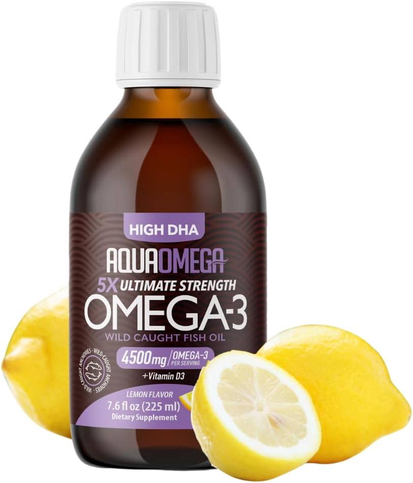 5X Ultimative Stärke Omega 3 Fischöl Flüssigkeit, Fischöl Ergänzungen mit hohen DHA und EPA Omega3 Fettsäuren, hohe Potenz Omega 3 mit Vitamin D, 7.60 floz, Zitronengeschmack