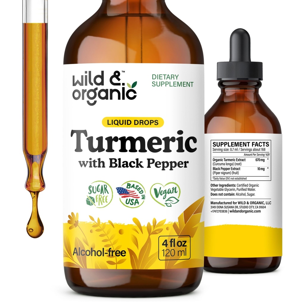 Wild & Organic Turmeric Tincture - Turmeric Curcumin mit schwarzem Pfeffer Extrakt - Mobility Support Supplement - Curcumin Root Liquid Drops - Vegan, Zucker & Alkoholfrei - 4 fl oz
