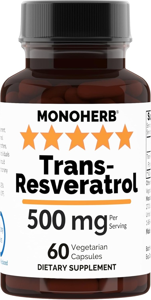 Trans Resveratrol 500 mg - 60 Veg Kapseln | 250 mg pro Kapsel - Serviergröße 2 Kapseln: 500 mg - 30 Portionen