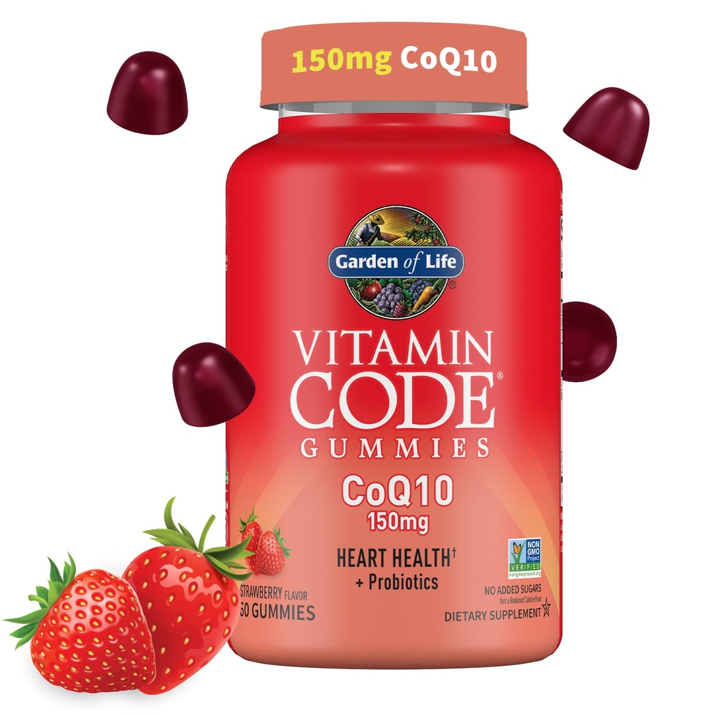Jardin de la vie Code de vitamine CoQ10 Gummies 150 mg, Coenzyme Q10 pour la santé cardiaque, la production d'énergie et le vieillissement en santé + Prébiotiques et probiotiques pour la digestion, non-OGM, sans gluten, 60 Gummies de fraises