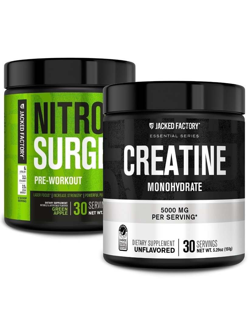 Jacked Factory NITROSURGE Pre Workout Supplement (Green Apple, 30 Portionen) & Kreatin Monohydratpulver (Unflavored, 30 Portionen)