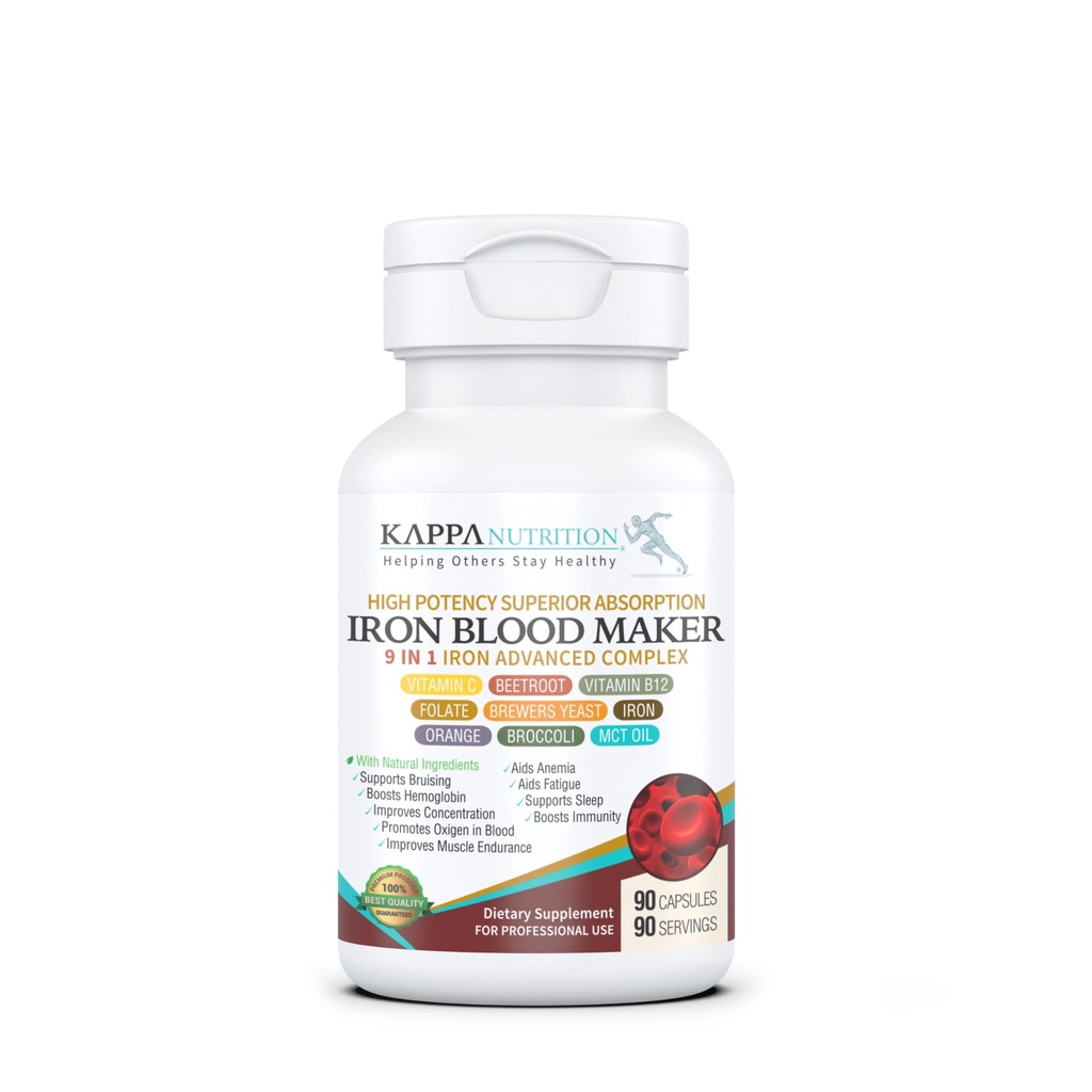 KAPPA NUTRITION Eisen 26mg, Vitamin C & Orange 150mg, Folate 667mcg DFE, Vitamin B12, Beetroot, Brauerhefe, Broccoli & MCT Öl 9 in 1 Advanced Complex (90 Kapseln)
