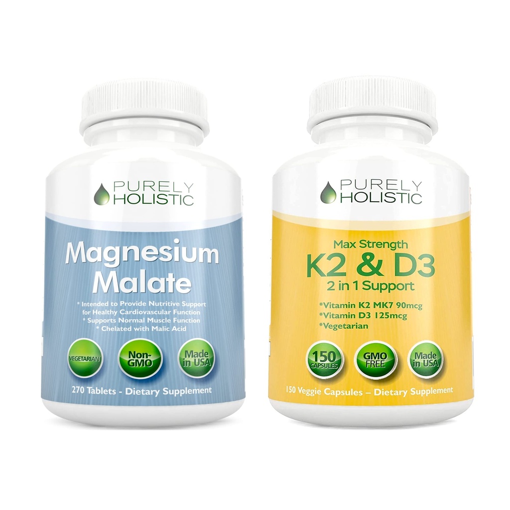 Rein ganzheitliches Magnesium Malat 400mg + Vitamin D3 125mcg K2 MK7 90mcg - 270 Tabletten & 150 Kapseln - Vegetarischer Bundle - Made in USA