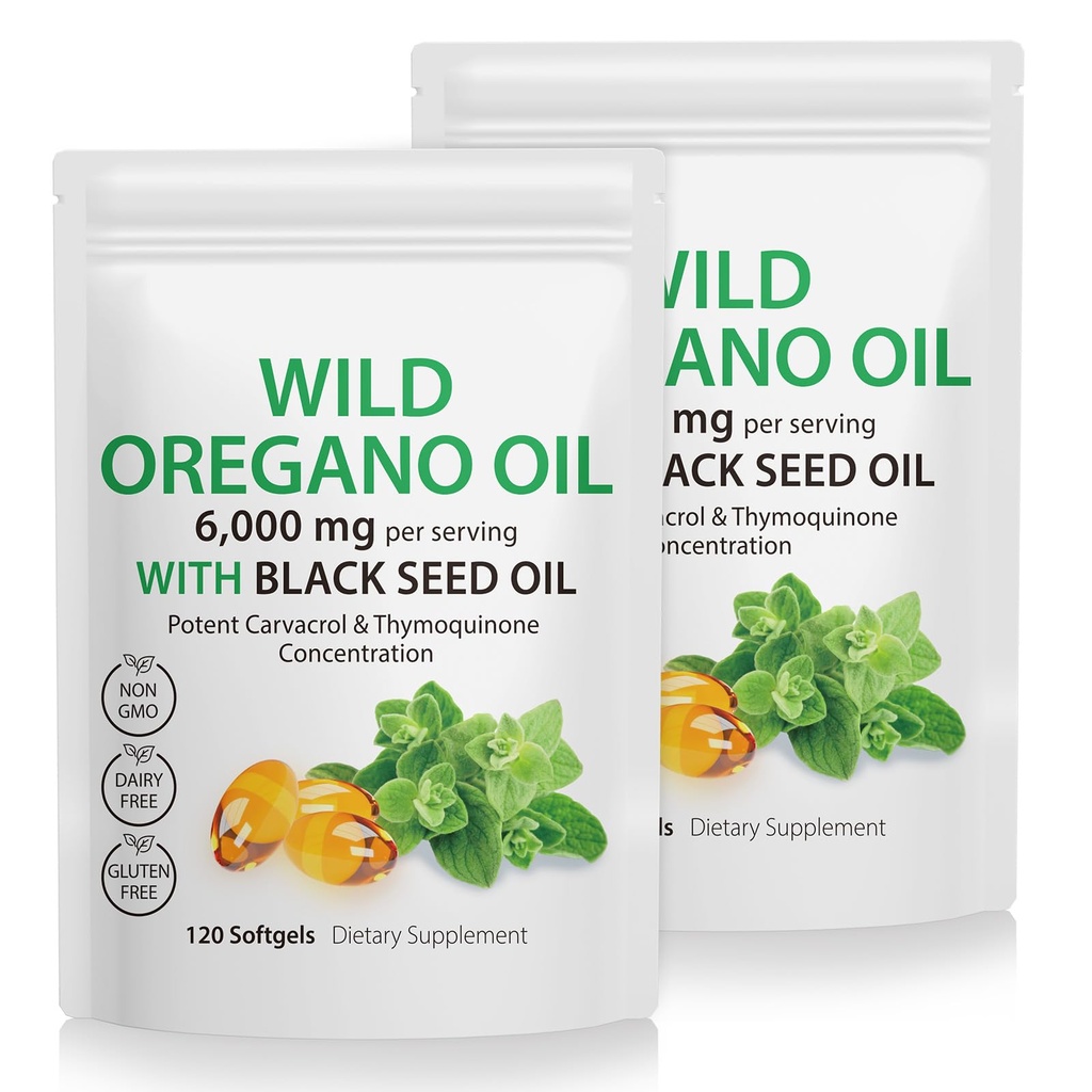 Capsules d'huile d'origan, 240 Softgels, 2 en 1 6 000mg Huile d'origan sauvage avec huile de graines noires 200mg Supplément- 4X Strength Carvacrol & Thymoquinone, sans gluten et non-OGM