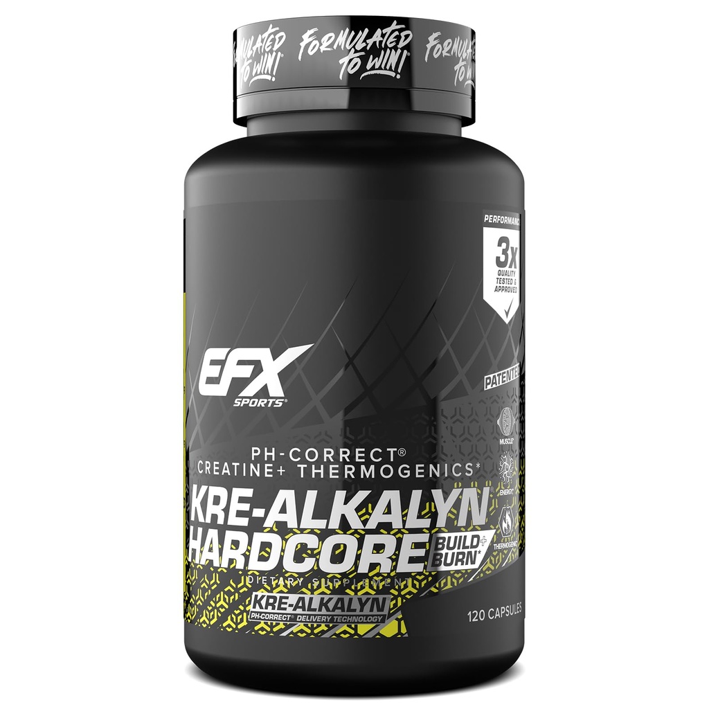 EFX Sports Kre-Alkalyn Hardcore | Thermogenischer pH-Wert Korrekt Kreatin Monohydrat Pille Ergänzung | Energie & Stärke Vor Workout | 40 Servietten, 120 Kapseln