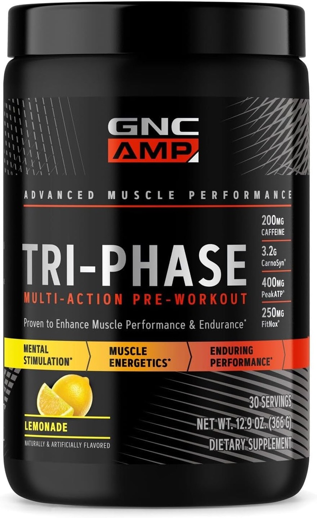GNC AMP Tri-Phase Multi-Action Pre-Workout - Lemonade(30 Servings)