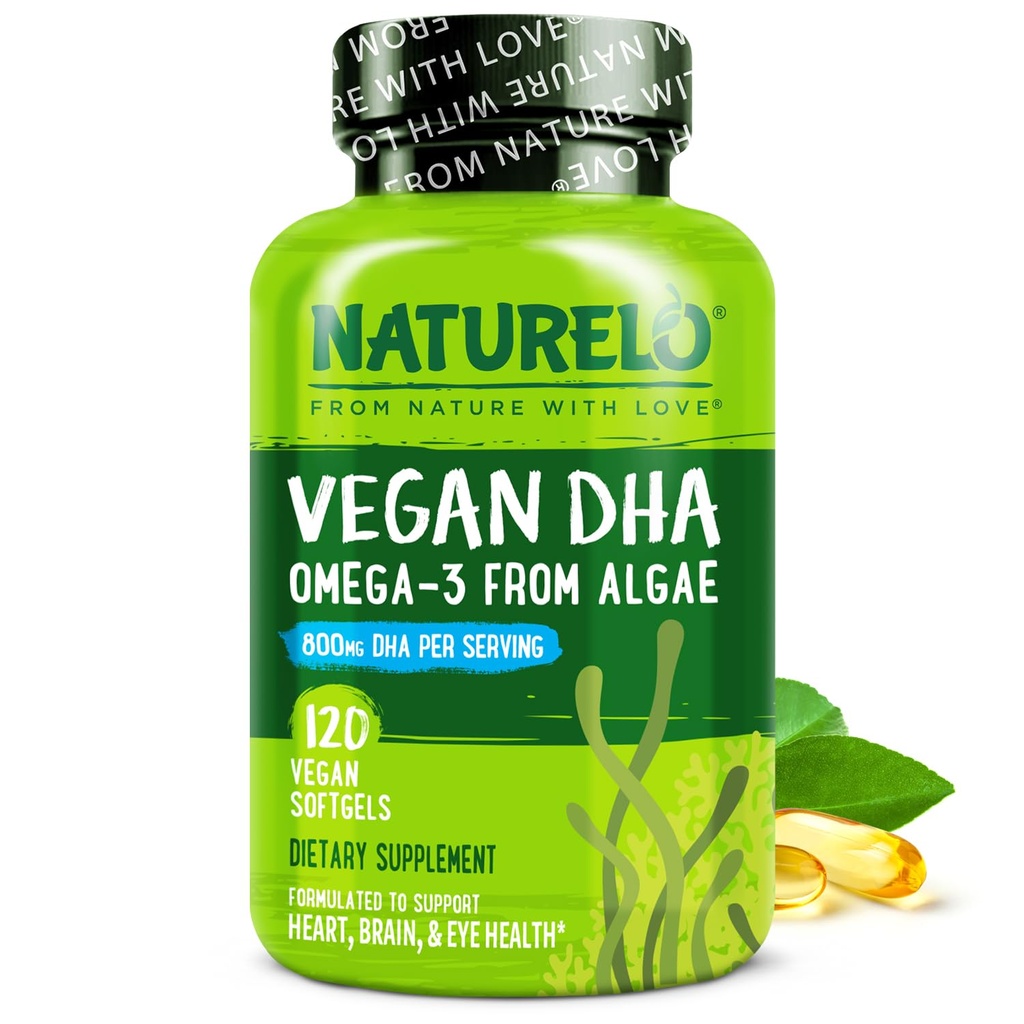 NATURELO Vegan DHA - Omega 3 Öl von Algae - Ergänzung für Gehirn, Herz, Gelenk, Augengesundheit - Bietet essentielle Fettsäuren für Frauen Männer und Kinder - Ergänzungen Pränatale Vitamine - 120 Softgels