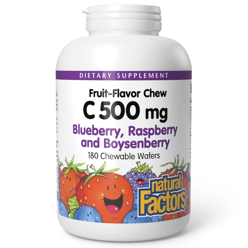 Natürliche Faktoren Kinder Kaubares Vitamin C 500 mg, unterstützt Immungesundheit, Knochen, Zähne und Gums, Blueberry, Raspberry und Boysenberry, 180 Wafers