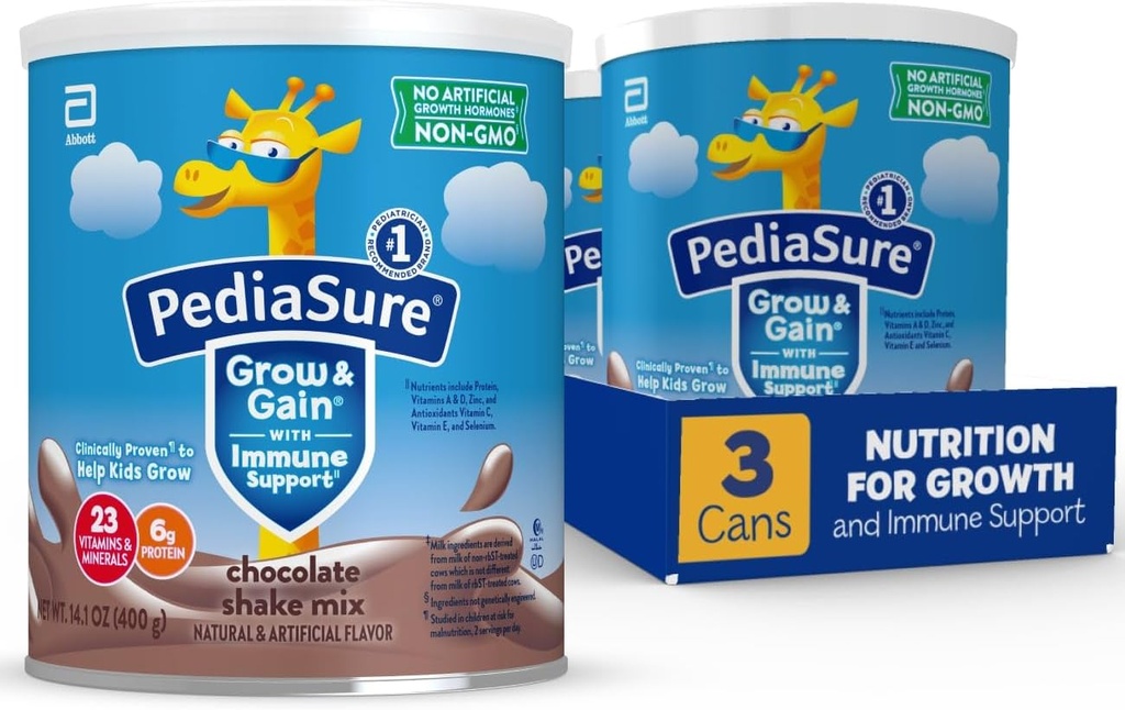 PediaSure Grow & Gain mit Immununterstützung Shake Mix Powder, 23 Vitamine & Minerals, 6g Protein, Non-GMO, Gluten-Free, Schokolade, 14.1 Unze Can, Packung 3-24 Portionen