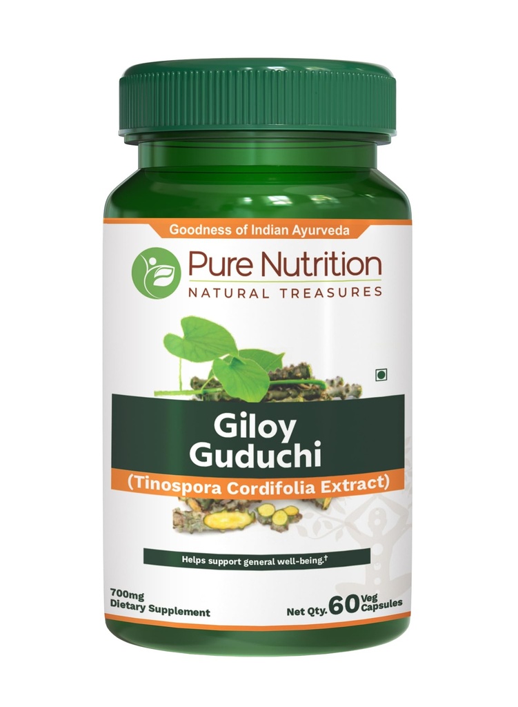Pure Nutriton Giloy Guduchi Extract 700mg Capsule. (Équivalent à 5200mg en poudre de Giloy). Non OGM Une fois par jour 60 jours d'approvisionnement.
