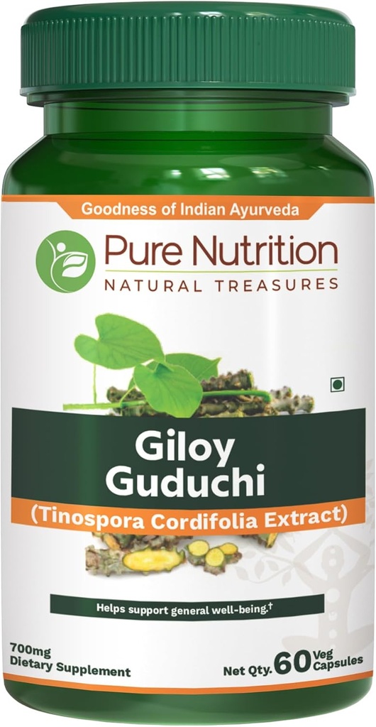 Pure Nutriton Giloy Guduchi Extract 700mg Capsule. (Équivalent à 5200mg en poudre de Giloy). Non OGM Une fois par jour 60 jours d'approvisionnement.