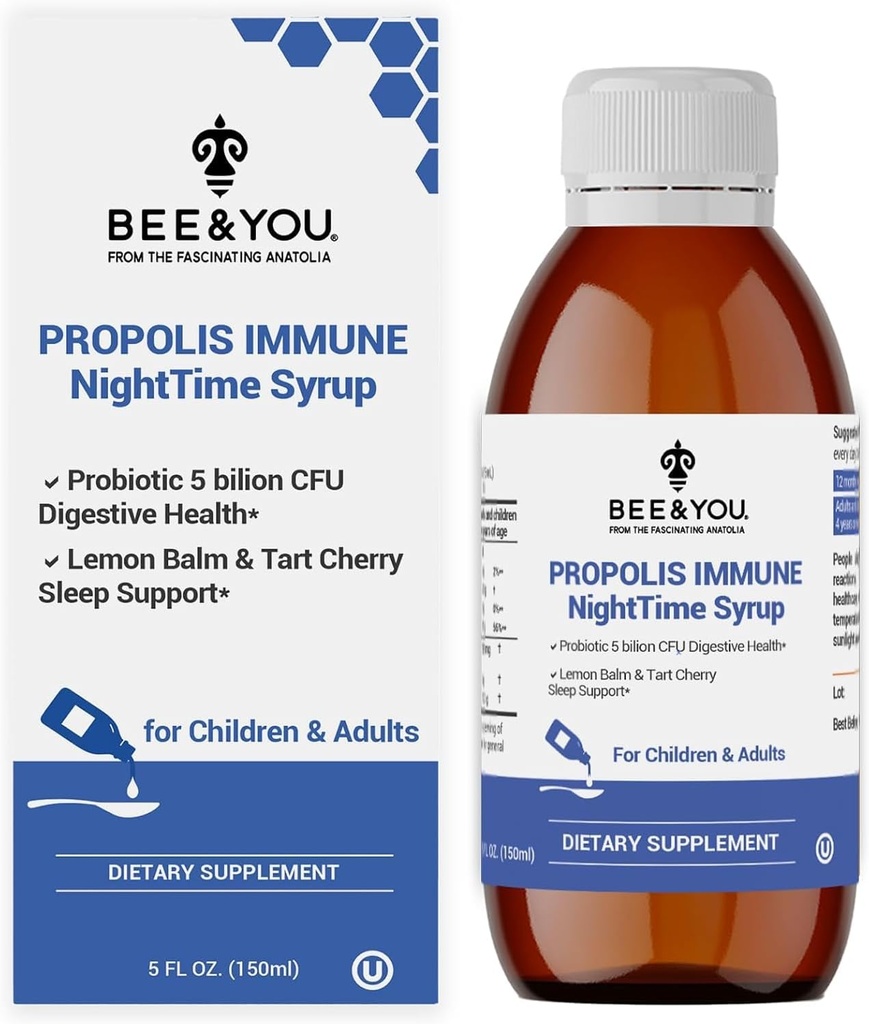 Abeille et vous Propolis Sirop nocturne avec Probiotique, Vitamine C, et Elderberry - Formule douce pour les adultes et les enfants, 5 Fl Oz