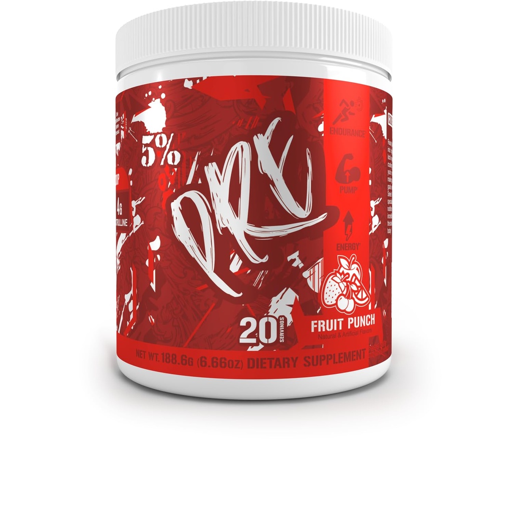 5% Nutrition Code Red Series Pre Workout Pulver für Männer & Frauen | Energie, Pumpe, Leistung, Proteinsynthese & Fokus | 300mg Koffein, L-Citrulline, Glycerol, Taurine, Alpha GPC, Huperzine (Fruit Punch)