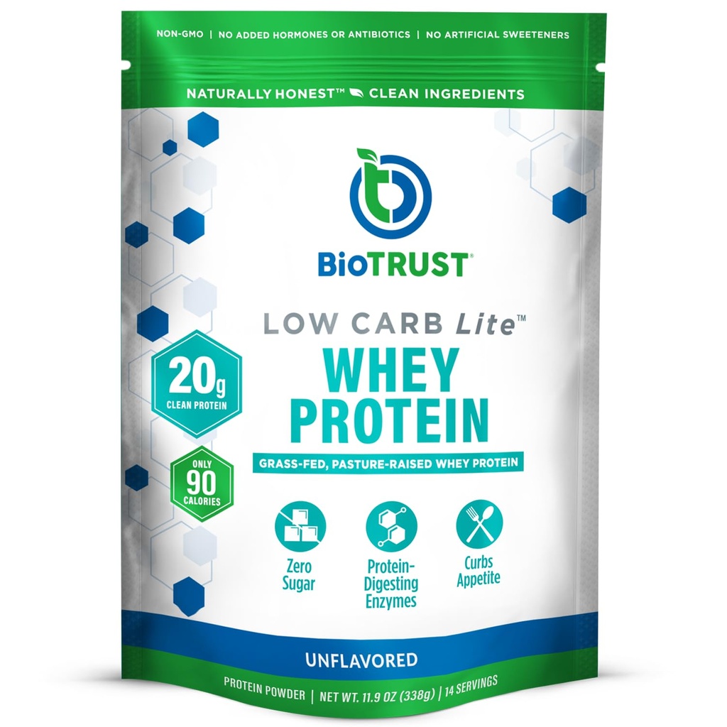 BioTrust Lite de faible teneur en glucides, poudre de protéines de faible teneur en calories – faible teneur en glucides, sans sucre, faible teneur en sodium, poudre de protéines de kéto – 20g de protéines de lactosérum à teneur en enzymes digestives – non aromatisées, 14 portions