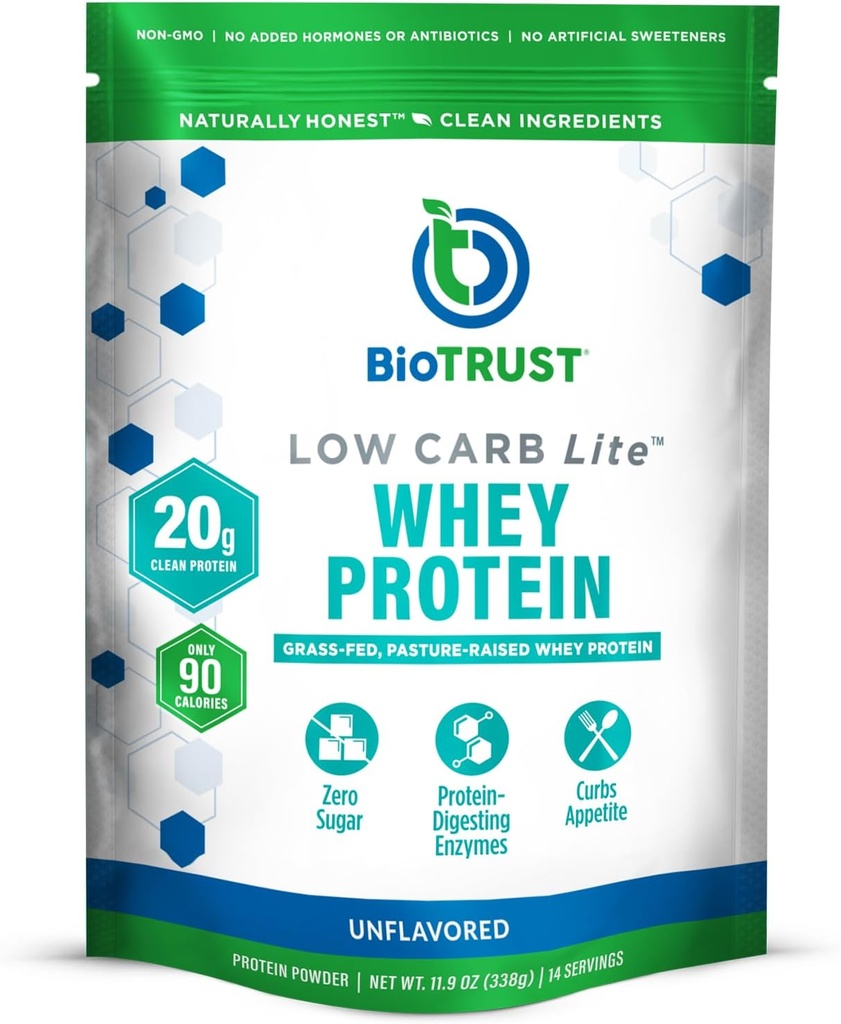 BioTrust Low Carb Lite, Low Calorie Protein Powder – Low Carb, Sugar Free, Low Sodium, Keto Protein Powder – 20g Grass-Fed Whey Protein Isolat mit Verdauungsenzymen – Unflavored, 14 Servings