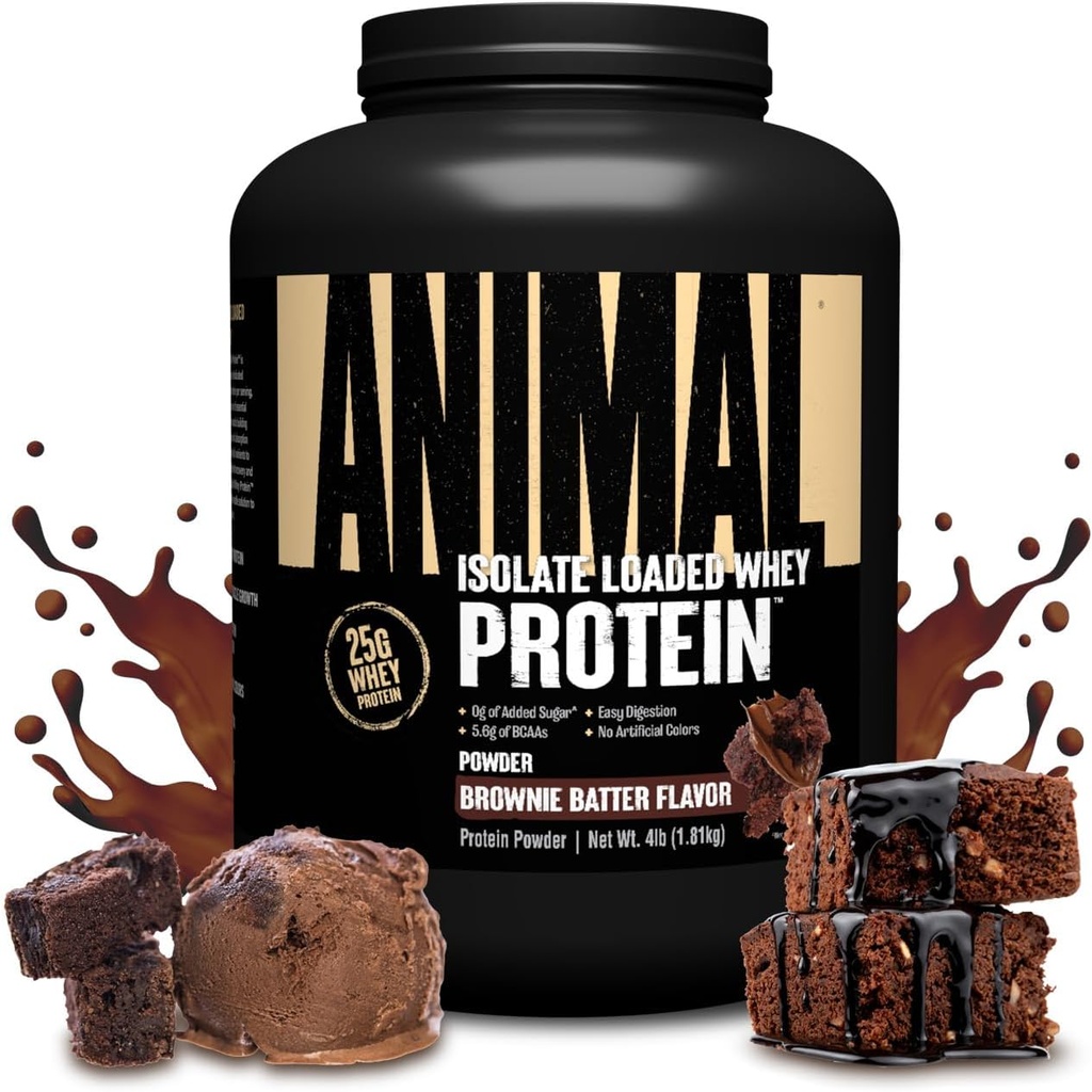 Poudre de protéines isolantes de la lactosérum animal - Chargeé pour pré et post entraînement Muscle Builder et récupération avec enzymes digestives pour les hommes et les femmes - 25g de protéines, grand goût, faible sucre - Brownie Batter 4 lbs