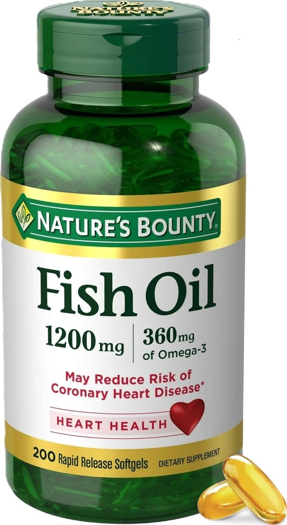 Nature's Bounty Fish Oil Omega 3 Supplements - Unterstützt Herzgesundheit, 1200 Mg Fischöl, Omega-3, 200 Softgels (Pack von 1)