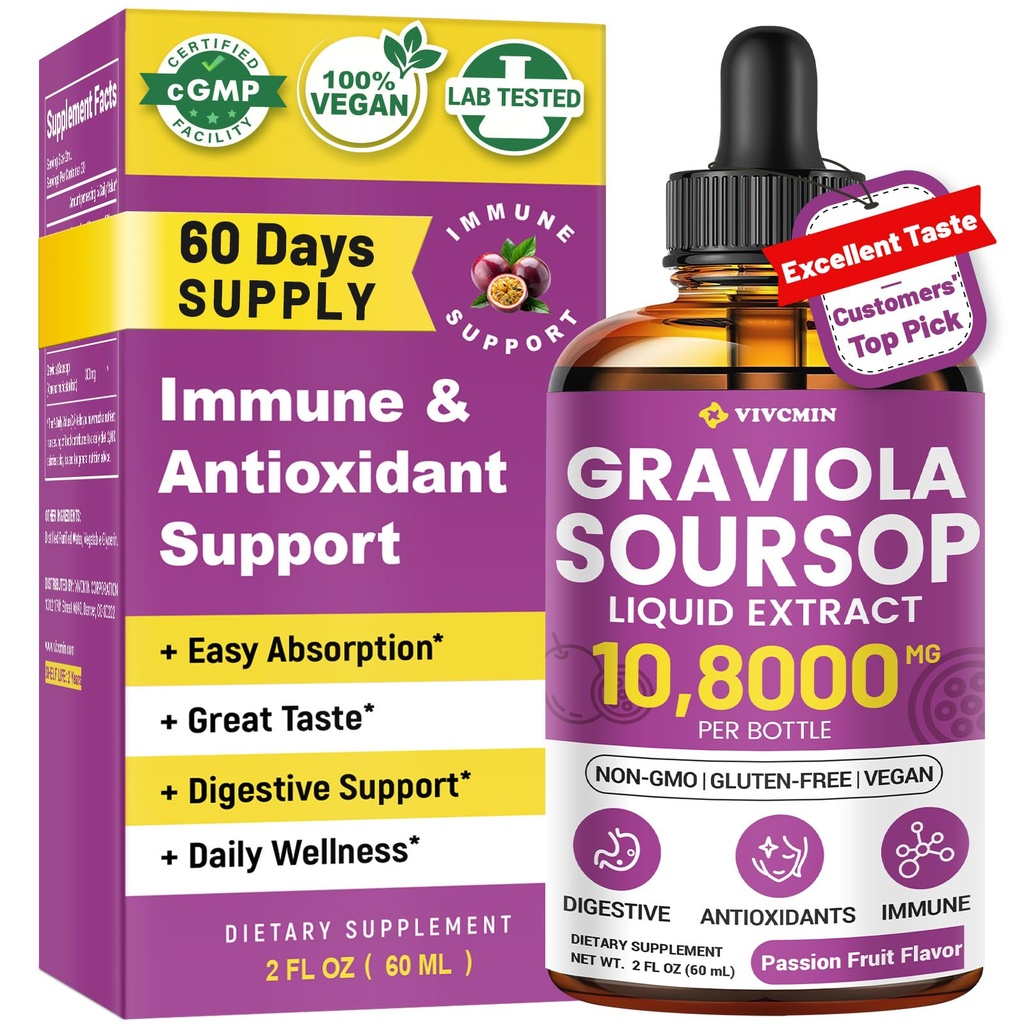 Graviola Soursop Blatt Extrakt Flüssigkeit - Soursop Bitters Flüssigkeit, Immununterstützung, Relax, Leber und Schlaf, Zucker & Alkoholfreie, hochabsorbierbare Formel, Passionsfrucht Geschmack, 2 Fl Oz