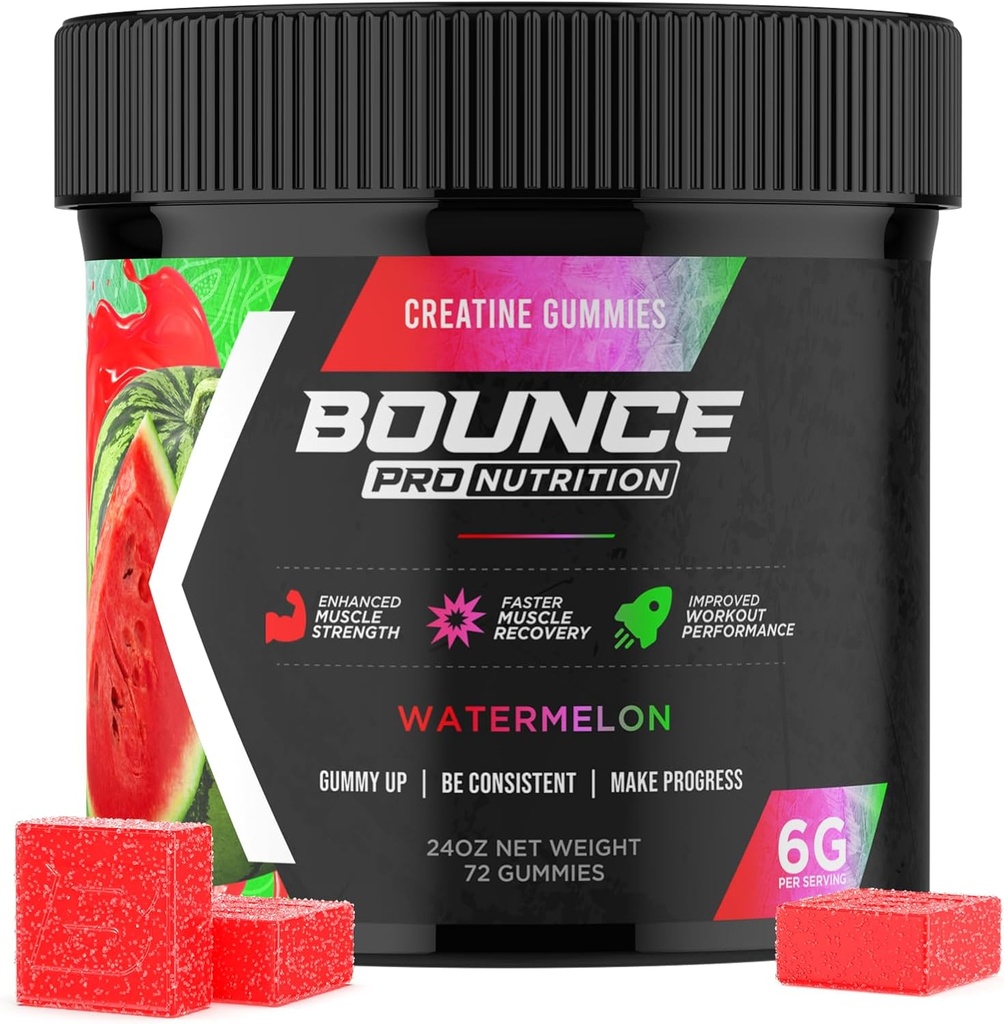 Bounce Pro Creatine Monohydrate Gummie für Männer & Frauen, Low Calorie, 6G Kreatin pro Servierung, Vegan, Anti-Melting, Glutenfrei, Non-GMO, 2g Kreatin pro Gummy (72ct, Watermelon)