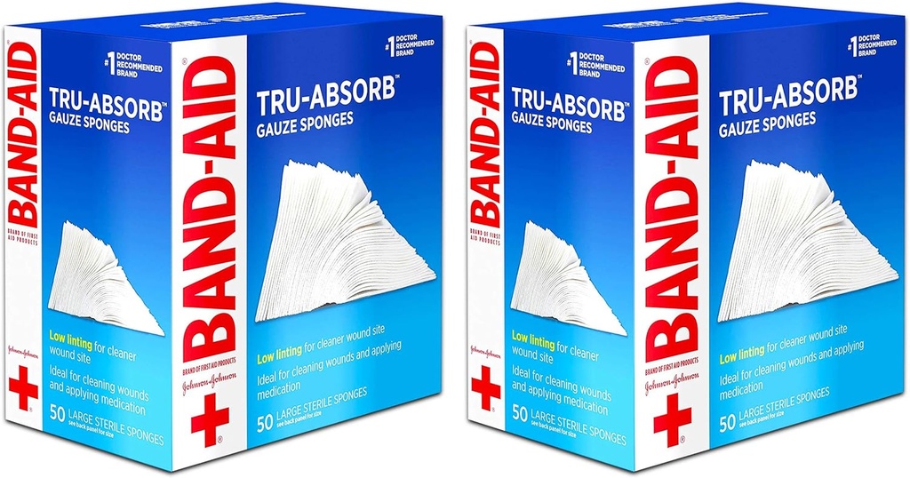 Marque d'aide à la bande Premiers soins Tru-Absorb Eponges à gaze stérile pour le nettoyage et le coussinage des plaies, conception à faible teneur, 4 pouces par 4 pouces, 50 Compte (paquet de 2)