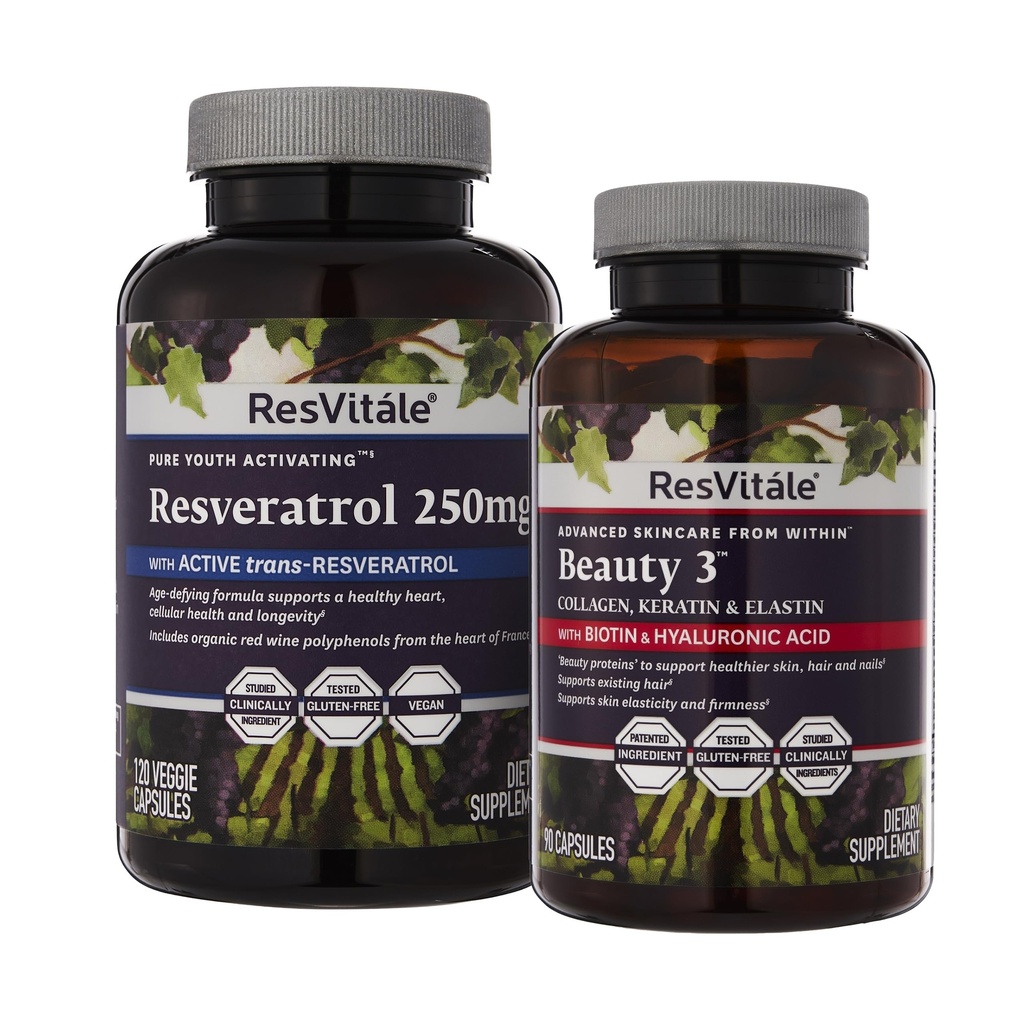 ResVitale Beauty 3 - Supplément soin de la peau avec collagène, kératine et élastine - 90 Capsules & Resveratrol 250 mg - Supplément soin de la peau pour hommes et femmes - 120 Capsules de Veggie