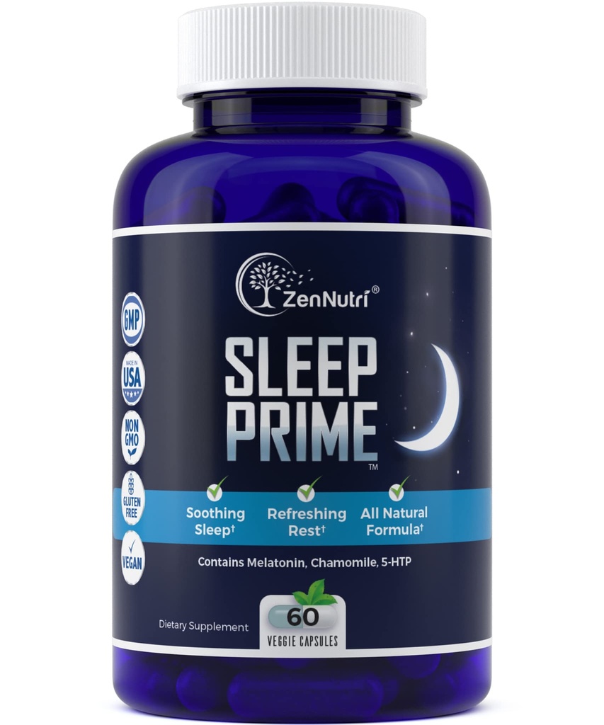 Sleep Prime Vegan Natural Sleep Aid for Adult Extra Strength - Supplément de sommeil profond - Pilule à base de plantes - Soulagement du stress - Melatonine, GABA - 60 capsules Veggie