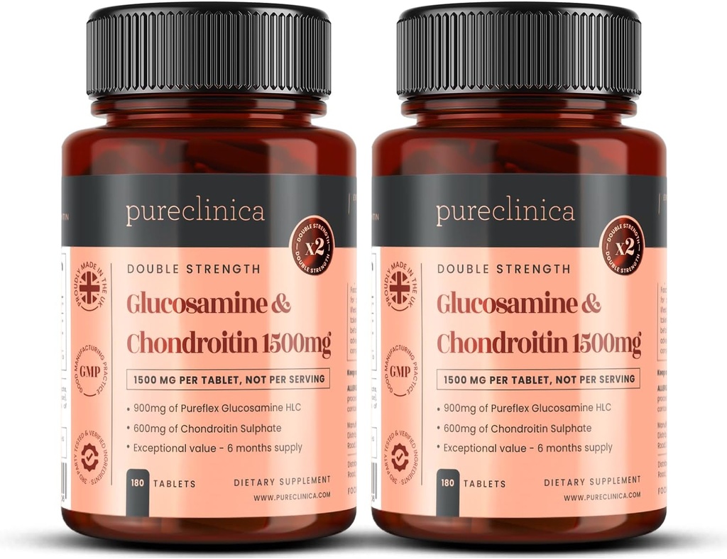pureclinica 1500mg Glucosamin HLC und Chondroitin x 360 Tabletten (2 Flaschen von 180) - 12 Monate Versorgung. Die effektivste und bio Aktiv: Chondroitin 90%, Glucosamin HCL 83,1%