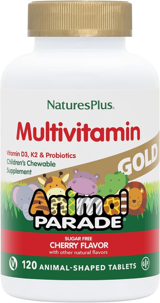 NaturesPlus Tier Parade Gold Kinder Chewable Multivitamin - Natürliche Kirsche Flavor - 120 Tiere geformt-Tabletten, Paket von 2 - mit Vitamin D3, K2 & Probiotics - 120 Gesamt Servietten