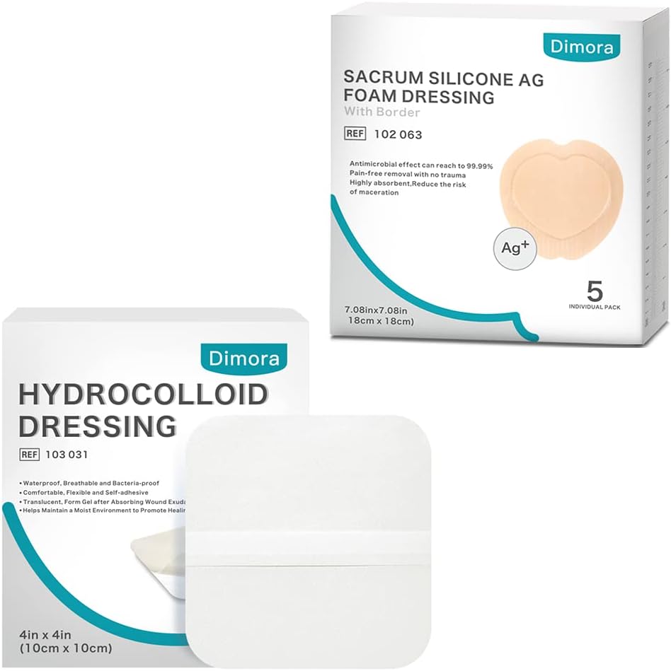 Hydrokolloid Wund Dressing, 10 Pack Ultra Thin 4" x 4" + Ag Silver Sacrum Foam Wound Dressing Bandages Silikon Kleber Border 7"x7"