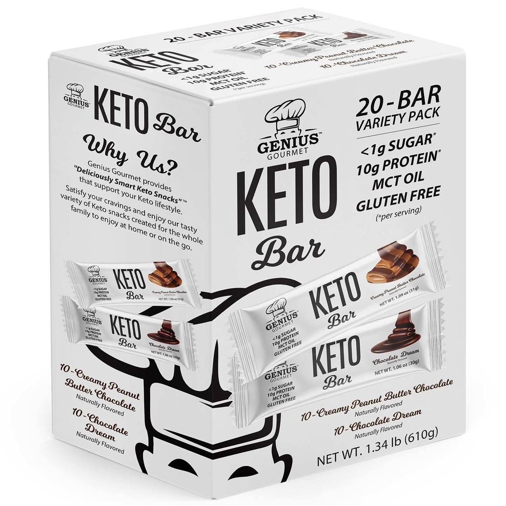 Genius Gourmet Gluten Free Keto Protein Bar, Schokolade Keto Bars, Premium MCTs, Low Carb, Low Sugar (Variety Pack, 20 Count (Pack von 1))