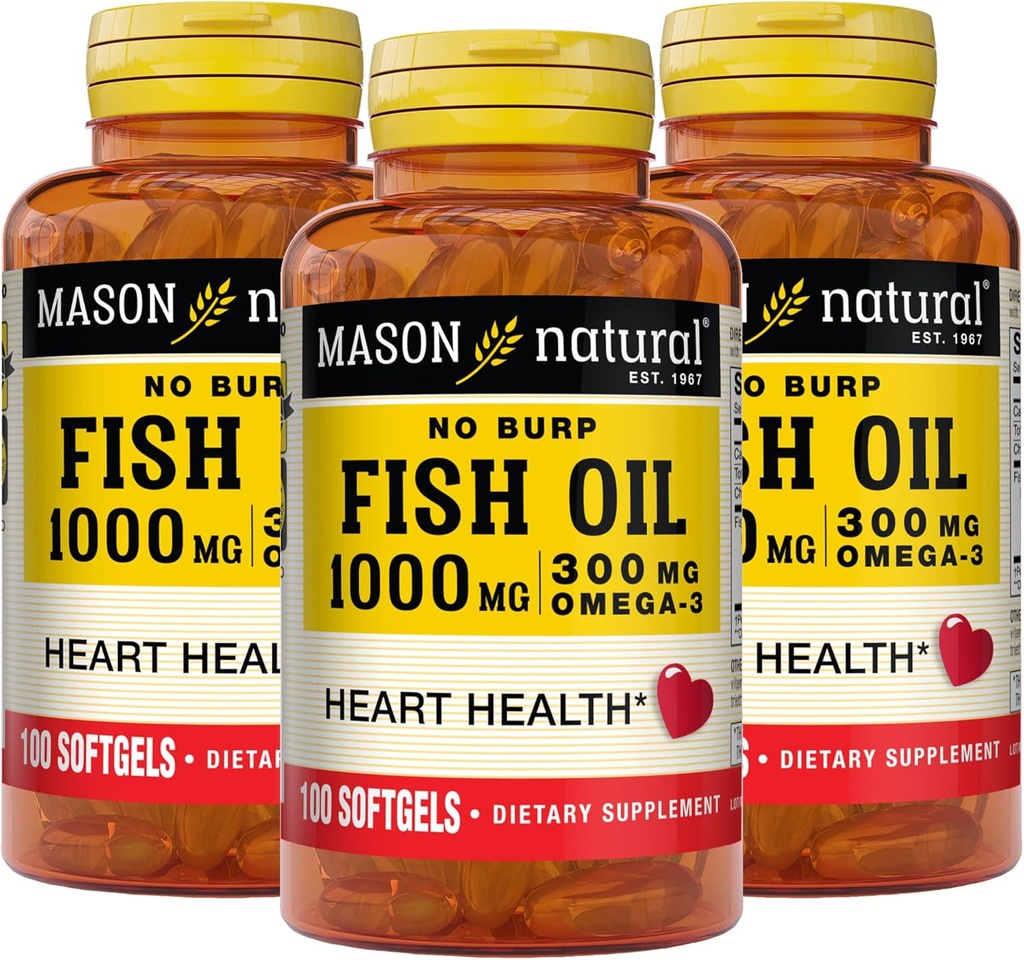 Mason Natural No Burp Huile de poisson 1000 mg Omega, 3 300 mg, soutient la santé cardiaque normale, 100 Softgels (paquet de 3)